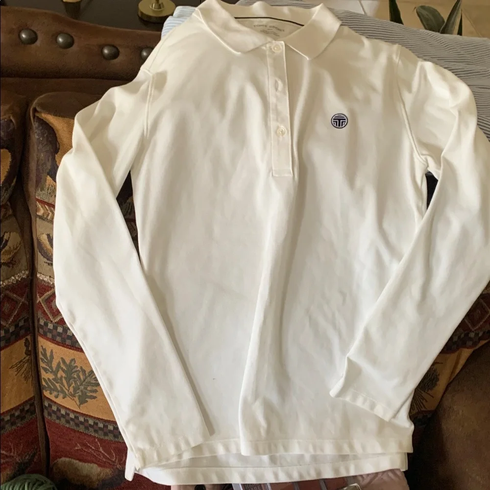 TORY BURCH Sport Fresh White Performance Tech Pique Long Sleeve Polo M - Picture 2 of 5